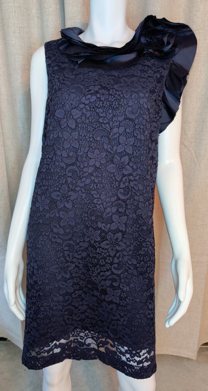 Rickie Freeman Teri Jon Navy Blue Lace Cocktail Shift Dress Size 6 Rosette NWT